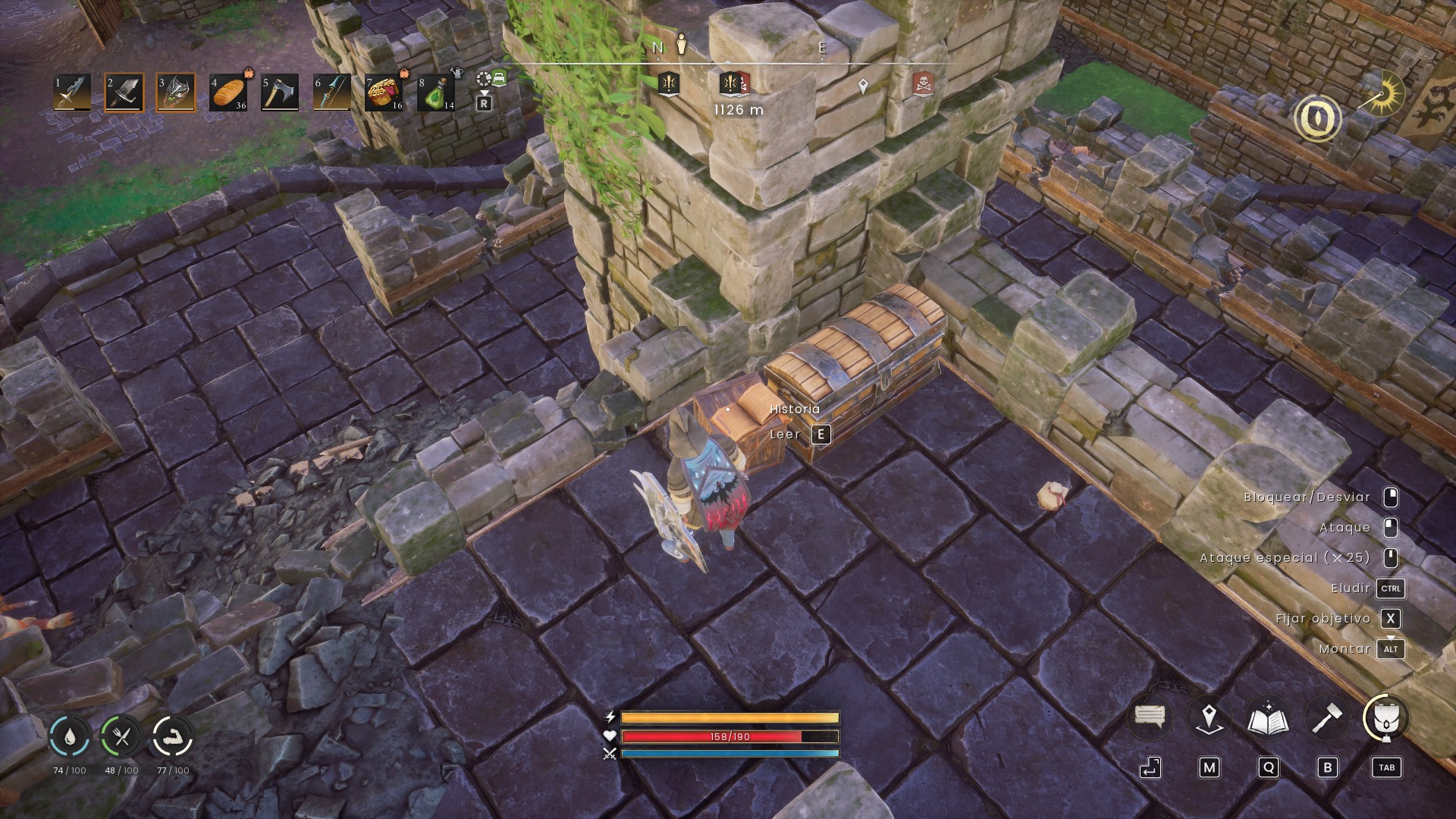 Diario de Cathan sobre una caja junto al cofre del castillo