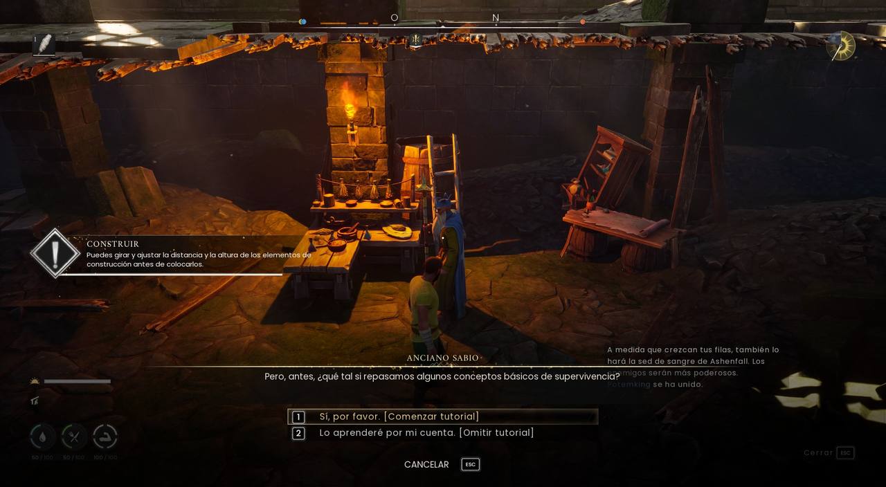 Diálogo con el anciano sabio en Dragonwilds ofreciendo comenzar el tutorial