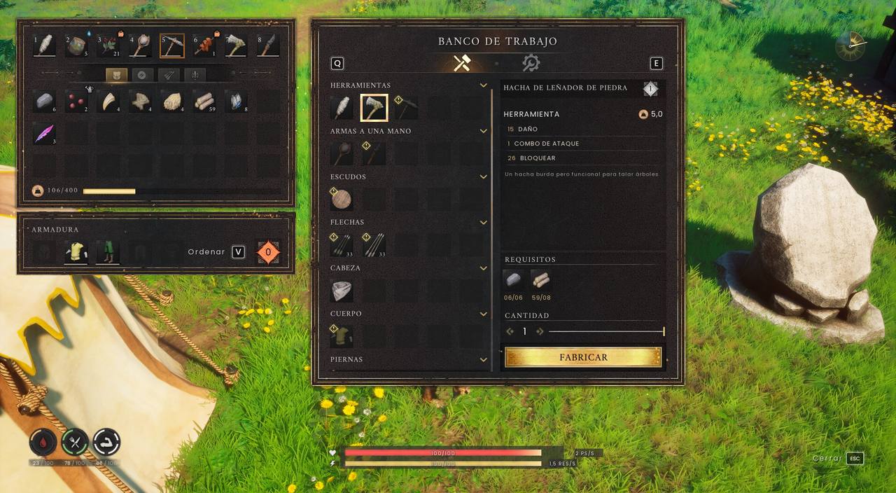Receta del hacha de leñador de piedra en el banco de trabajo de Dragonwilds