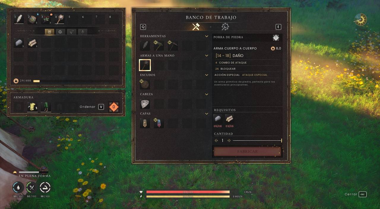Banco de trabajo de Dragonwilds mostrando la receta de la porra de piedra