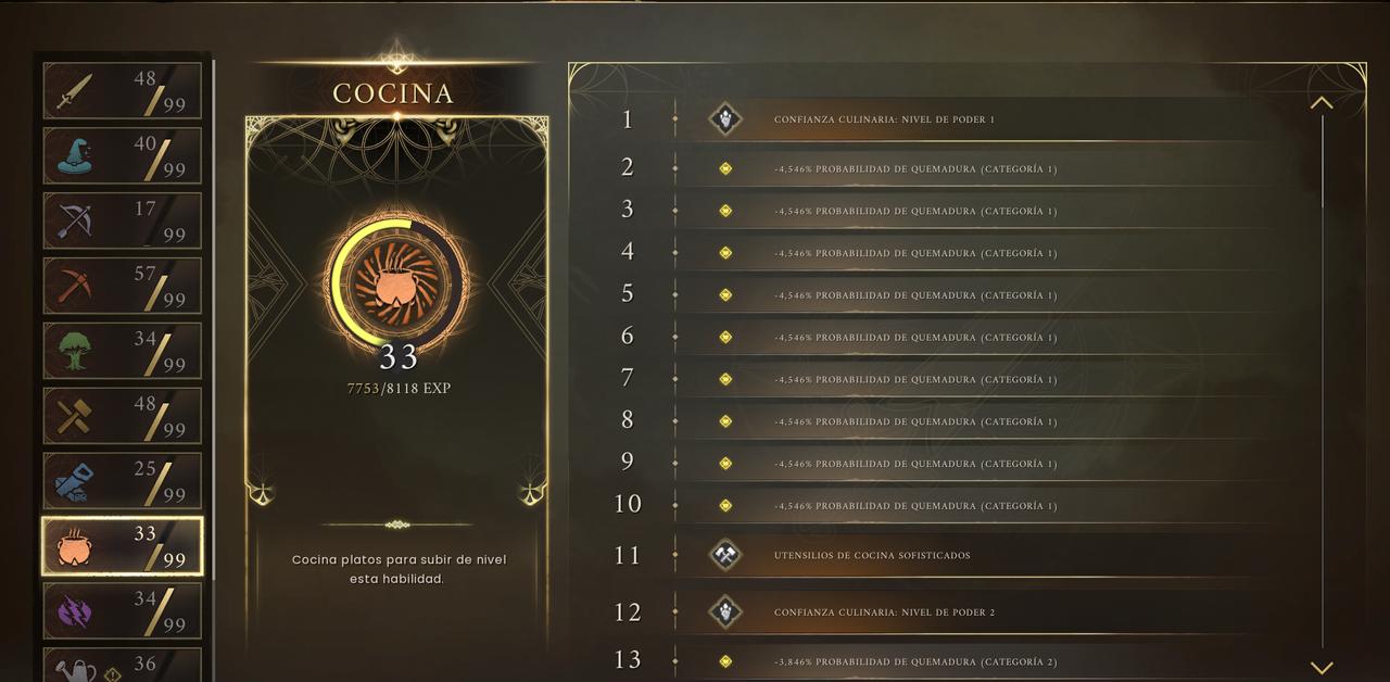 Árbol de la habilidad Cocina en Dragonwilds, niveles 1 al 13