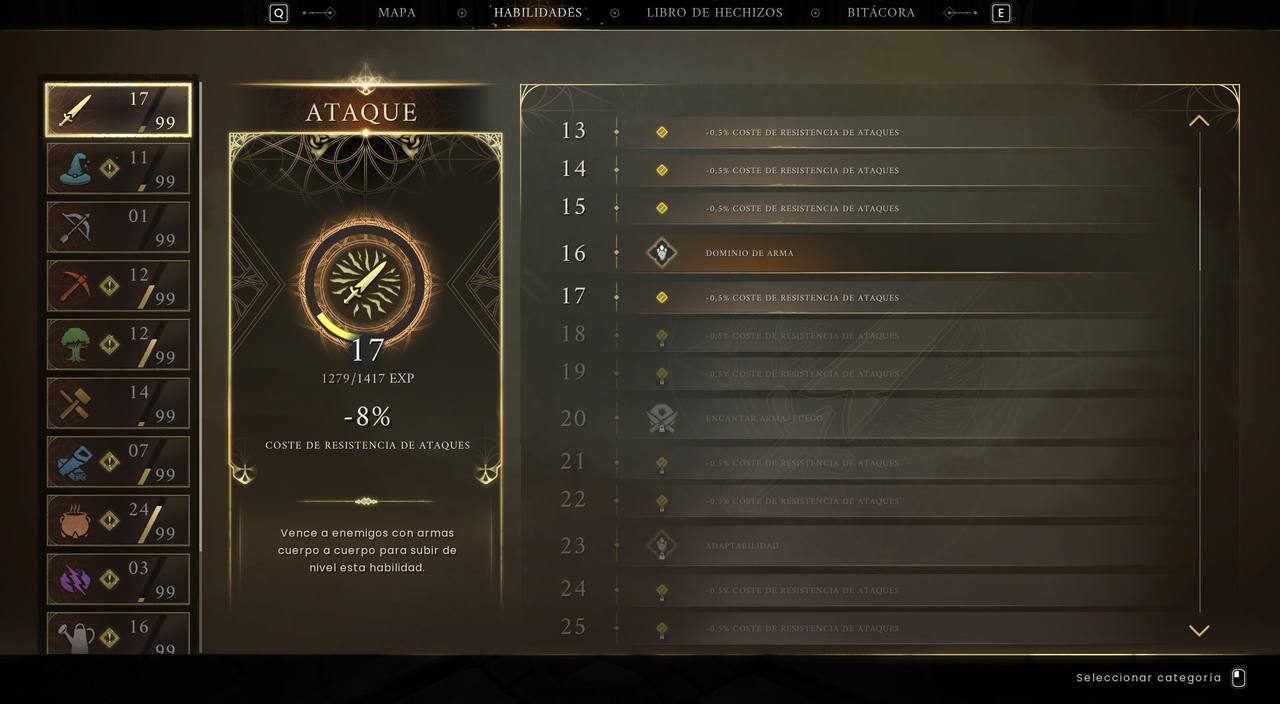 Menú de habilidades de Dragonwilds mostrando el nivel de Ataque
