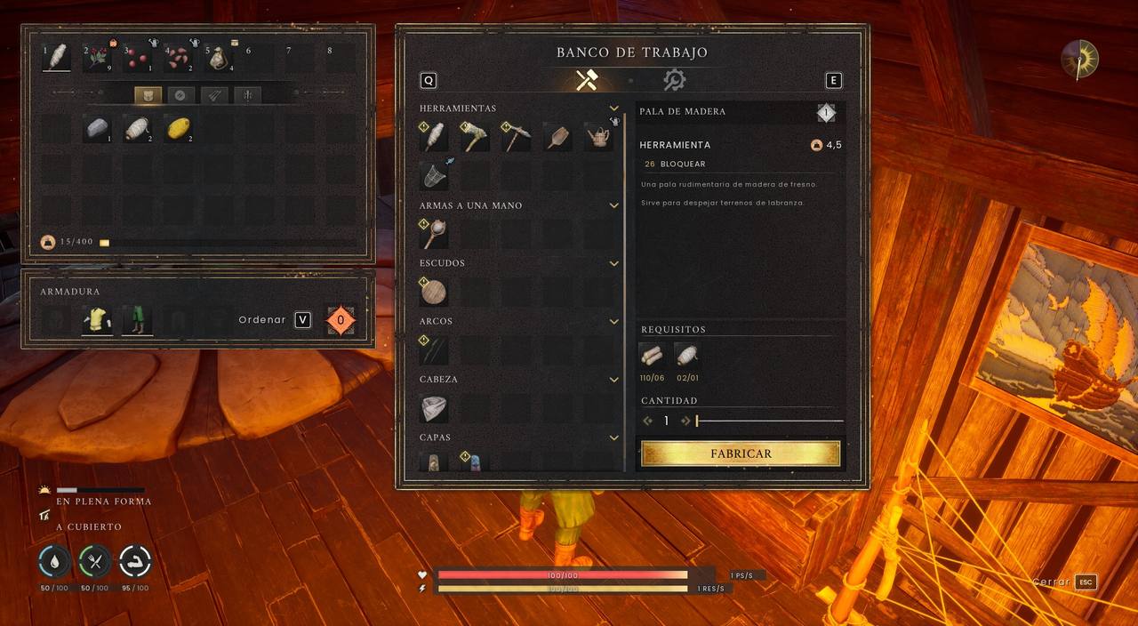 Receta de la pala de madera en el banco de trabajo de Dragonwilds