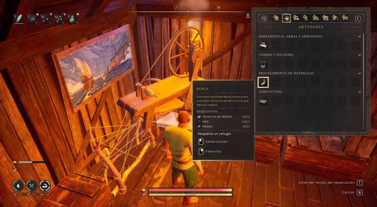 Ficha de la rueca en Dragonwilds mostrando materiales y el aviso de requiere un refugio