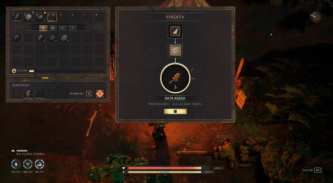 Interfaz de la fogata de Dragonwilds cocinando carne de rata